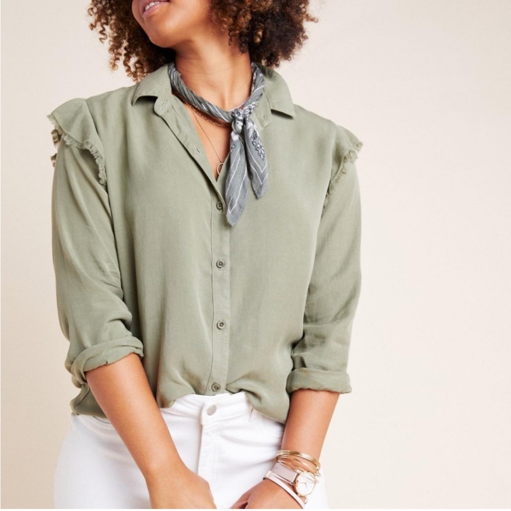 Sage Green Ruffle Button-Up Blouse | Feminine Utility Style